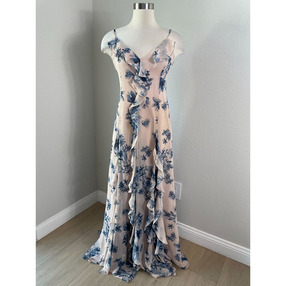 BCBGMaxazria‎ Womens 4 Floral Ruffle Maxi Dress V Neck Sleeveless Gown